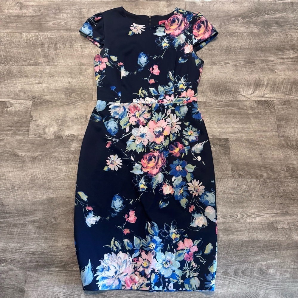 Betsey Johnson Floral Black Sheath Midi Dress Cap Sleeve Womens Sz. 8